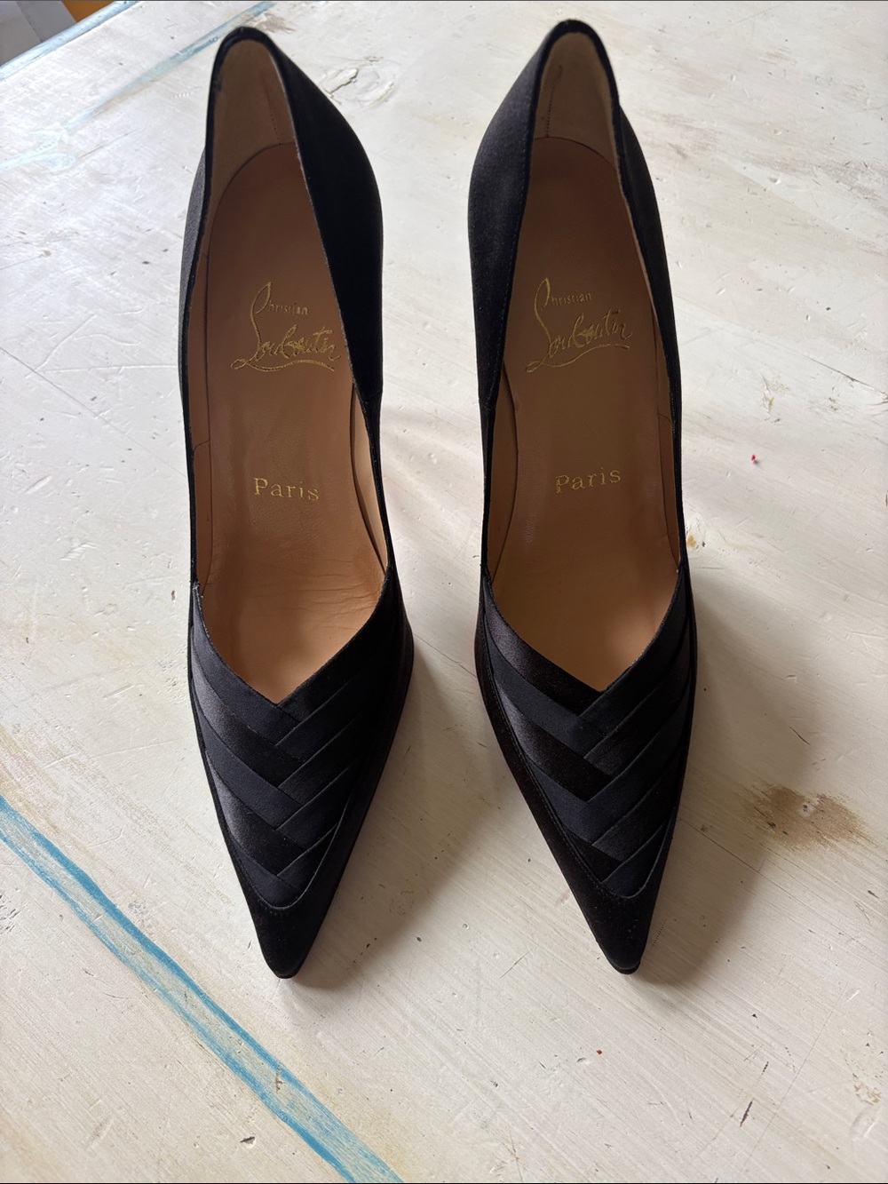 Christian Louboutin Black Satin Pointed Toe high heels - Woven Detail